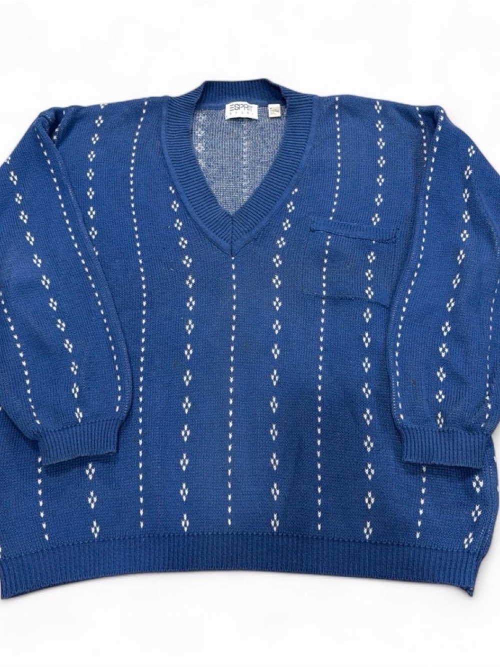 Esprit Men's Royal Blue V-Neck Knit Sweater with White Stitch Detail